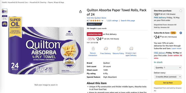 Amazon: Quilton Absorba Paper Towel Rolls, Pack of 24 – 35% Off – $24.29
